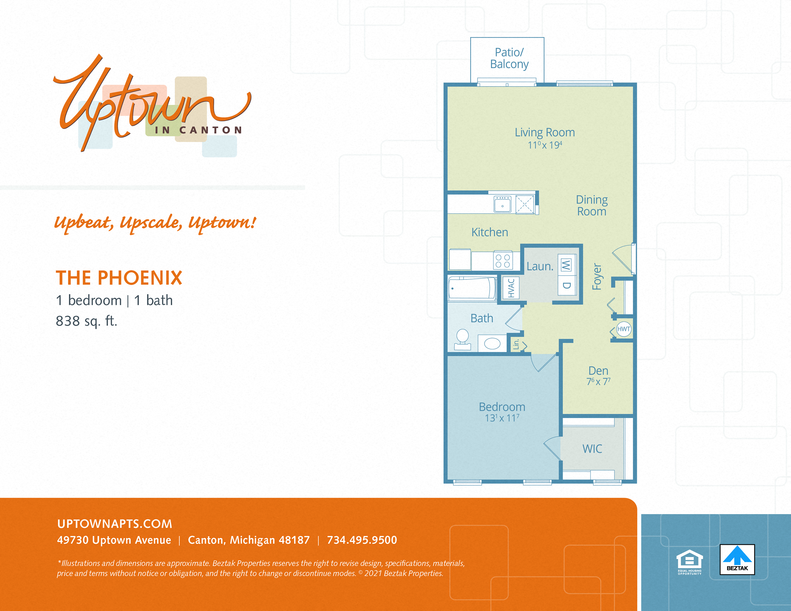 Floor plan for 1 bed, 1 bath, 838 sqft